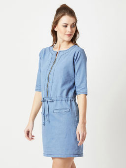 Miss Chase - Women's Light Blue 3/4 Sleeve Light Weight Denim Midi Shift Dress