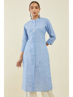 Soch - Blue Linen Straight Kurta With Shell Button Embellishments