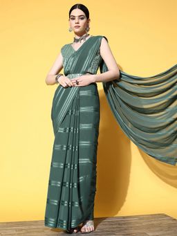 Sareemall - Women's Georgette Green Embellished Belted Sarees with Unstitched Blouse