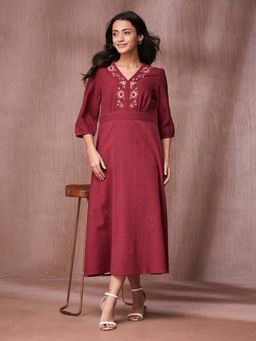 Fabindia - Maroon Cotton Midi Dress