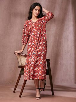 Fabindia - Red Cotton Bagru Printed Midi Dress