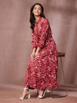Fabindia - Red Rayon Blend Printed Maxi Dress (Set of 2)