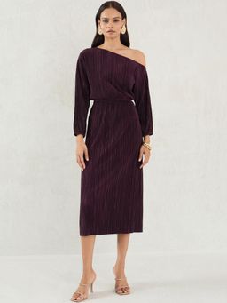 Femmella - Wine Plisse One Shoulder Midi Dress