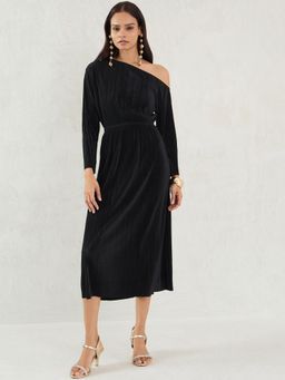 Femmella - Black Plisse One Shoulder Midi Dress