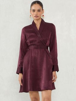 Femmella - Wine Satin Wrap Mini Dress