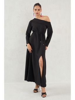Femmella - Black One Shoulder Slit Detail Maxi Dress with Belt (Set of 2)