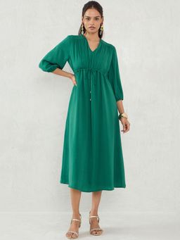 Femmella - Bright Green Satin Ruched Waist Midi Dress