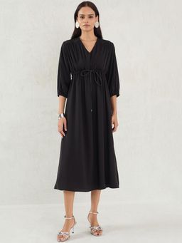 Femmella - Black Satin Ruched Waist Midi Dress