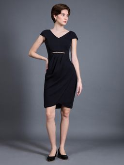 Miss Chase - Women's Black Solid V Neck Cap Sleeves Side Pocketed Knee Length Dress