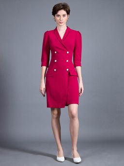 Miss Chase - Women's Dark Pink V-neck Double Breasted Blazer Knee Length Workwear Dress