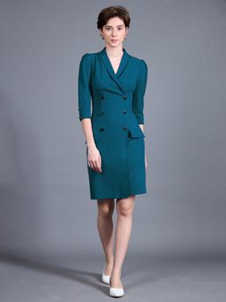 Miss Chase - Women's Teal V-neck Double Breasted Blazer Knee Length Workwear Dress