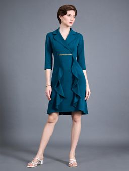 Miss Chase - Women's Teal Notched Collar 3/4 Sleeve Blazer Knee Length Workwear Dress