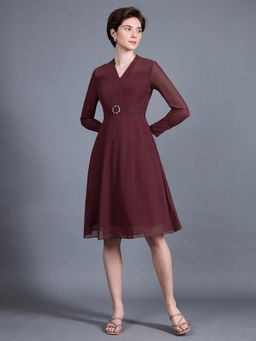 Miss Chase - Women's Wine Red V-Neck Full Sleeve Solid Fit & Flare Midi Workwear Dress