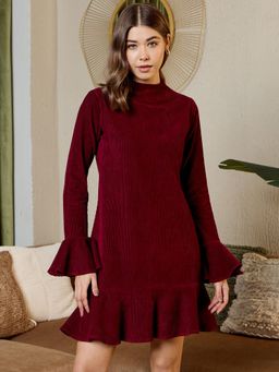 Mabish By Sonal Jain - Burgundy Mini Dress with Frill At Bottom