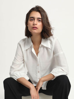 RAREISM - Womens Tail Collar Button-Down Top With Full Sleeves