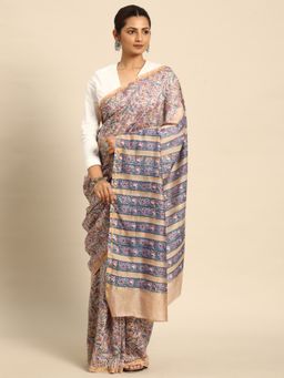 SVARCHI - Blue Beige Pure Cotton Block Print Saree with Unstitched Blouse