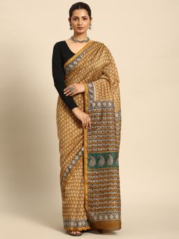 SVARCHI - Mustard Pure Cotton Block Print Saree with Unstitched Blouse