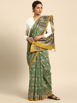 SVARCHI - Green Yellow Pure Cotton Block Print Saree with Unstitched Blouse