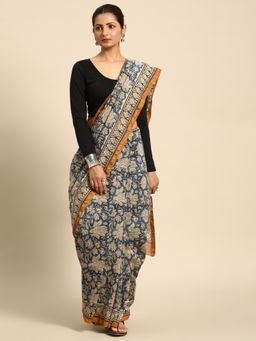 SVARCHI - Blue Block Print Zari Silk Blend Saree with Unstitched Blouse