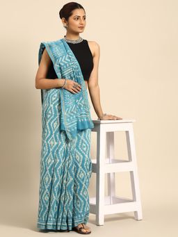 SVARCHI - Blue White Block Print Zari Silk Blend Saree with Unstitched Blouse