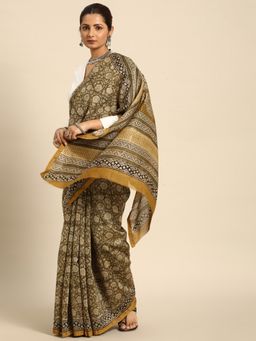 SVARCHI - Olive Block Print Zari Silk Blend Saree with Unstitched Blouse