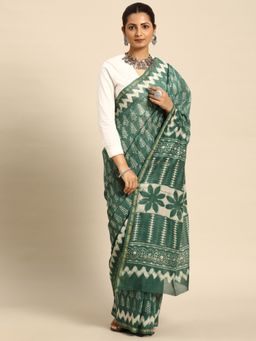 SVARCHI - Green White Block Print Zari Silk Blend Saree with Unstitched Blouse