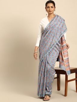 SVARCHI - Blue Orange Block Print Zari Silk Blend Saree with Unstitched Blouse
