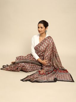 SVARCHI - Red Black Block Print Zari Silk Blend Saree with Unstitched Blouse