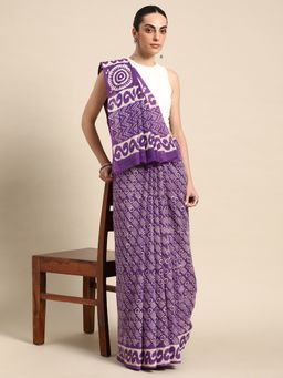 SVARCHI - Purple Pure Cotton Block Print Saree with Unstitched Blouse
