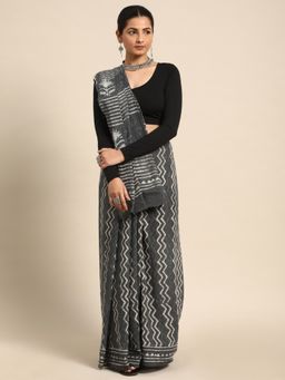 SVARCHI - Grey Pure Cotton Block Print Saree with Unstitched Blouse