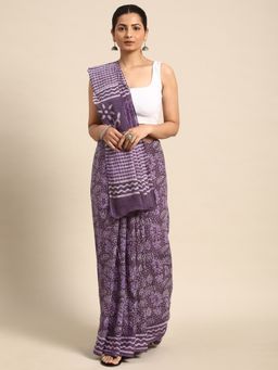 SVARCHI - Purple Pure Cotton Block Print Saree with Unstitched Blouse