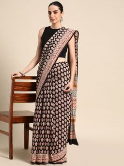 SVARCHI - Black Pure Cotton Block Print Saree with Unstitched Blouse