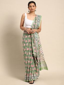 SVARCHI - Green Pure Cotton Block Print Saree with Unstitched Blouse