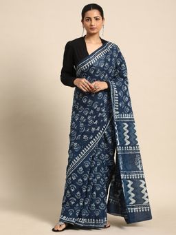 SVARCHI - Navy Blue Pure Cotton Block Print Saree with Unstitched Blouse