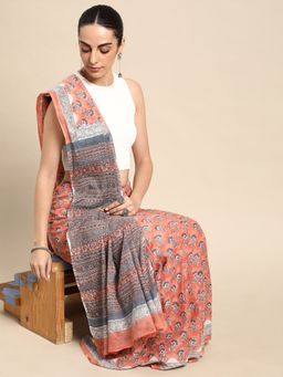 SVARCHI - Coral Pure Cotton Block Print Saree with Unstitched Blouse