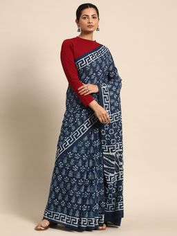 SVARCHI - Navy Blue Pure Cotton Block Print Saree with Unstitched Blouse