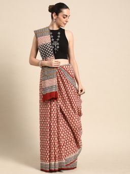SVARCHI - Red Pure Cotton Block Print Saree with Unstitched Blouse