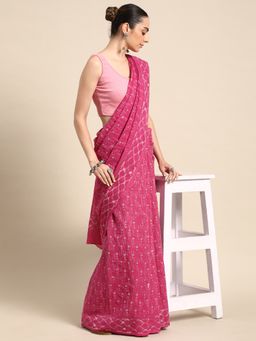 SVARCHI - Pink Pure Cotton Block Print Saree with Unstitched Blouse