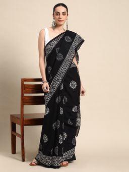 SVARCHI - Black Pure Cotton Block Print Saree with Unstitched Blouse