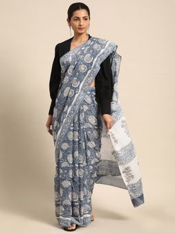 SVARCHI - Blue Pure Cotton Block Print Saree with Unstitched Blouse