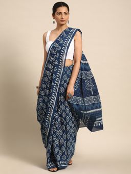 SVARCHI - Blue Pure Cotton Block Print Saree with Unstitched Blouse