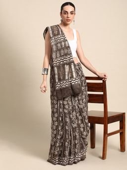 SVARCHI - Brown Pure Cotton Block Print Saree with Unstitched Blouse