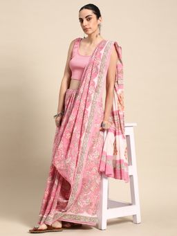 SVARCHI - Pink Pure Cotton Block Print Saree with Unstitched Blouse