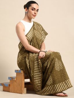 SVARCHI - Green Pure Cotton Block Print Saree with Unstitched Blouse