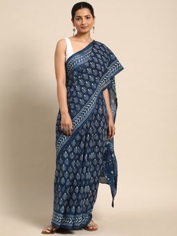 SVARCHI - Navy Blue Pure Cotton Block Print Saree with Unstitched Blouse