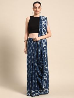 SVARCHI - Navy Blue Pure Cotton Block Print Saree with Unstitched Blouse