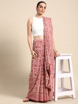 SVARCHI - Pink Pure Cotton Block Print Saree with Unstitched Blouse