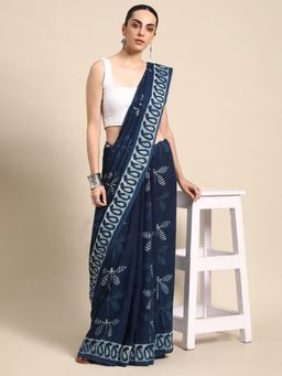 SVARCHI - Navy Blue Pure Cotton Block Print Saree with Unstitched Blouse