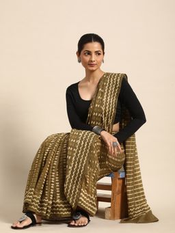 SVARCHI - Green Pure Cotton Block Print Saree with Unstitched Blouse