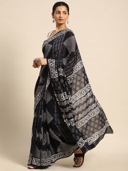 SVARCHI - Black Pure Cotton Block Print Saree with Unstitched Blouse